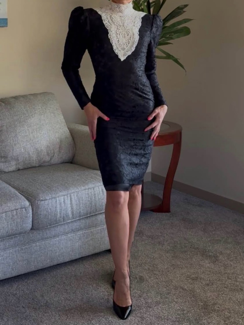 Jessica McClintock Black Midi Dress with Cream Lace Bib